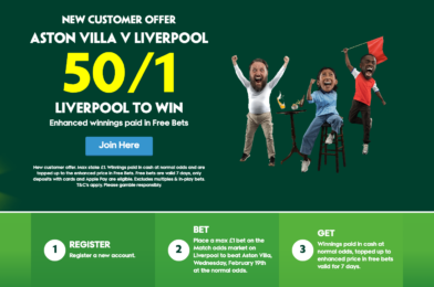 Paddy Power عرض عملاء جديد – احصل على 50/1 في ليفربول للفوز مقابل أستون فيلا